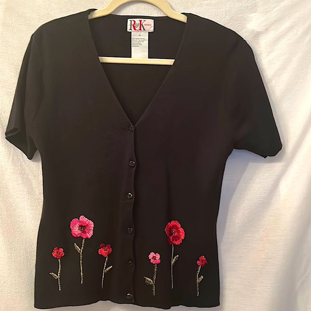 R&K Originals Black, Short Sleeve, Cardigan With Embroidered Flowers, Size 10